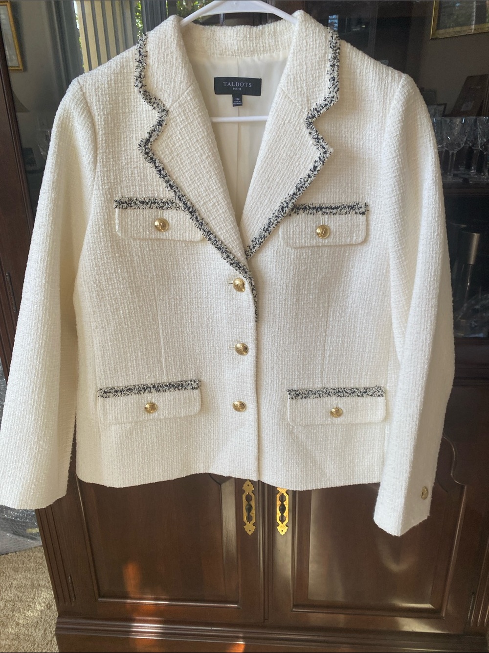 Talbots Cream Tweed Blazer with Black Trim and Gold Buttons